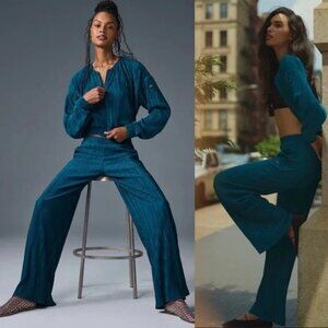 Alo Micro Plisse Set Cropped Jacket & High Waist Straight Leg Pant Eclipse Blue